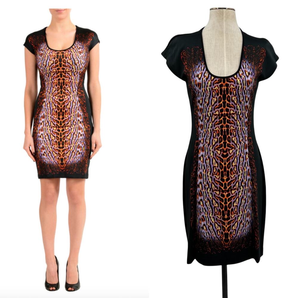 Just Cavalli Dress Sheath Leopard Animal Print Short Sleeve Black Size 44 US 8